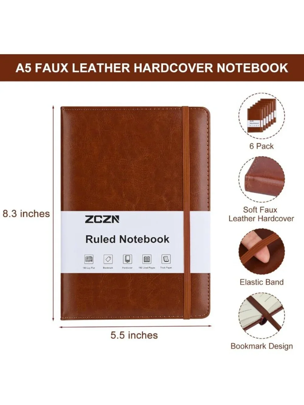 6 Pack A5 Hardcover Journals, 192 Pages, Lined Notebooks for Writing & Travel